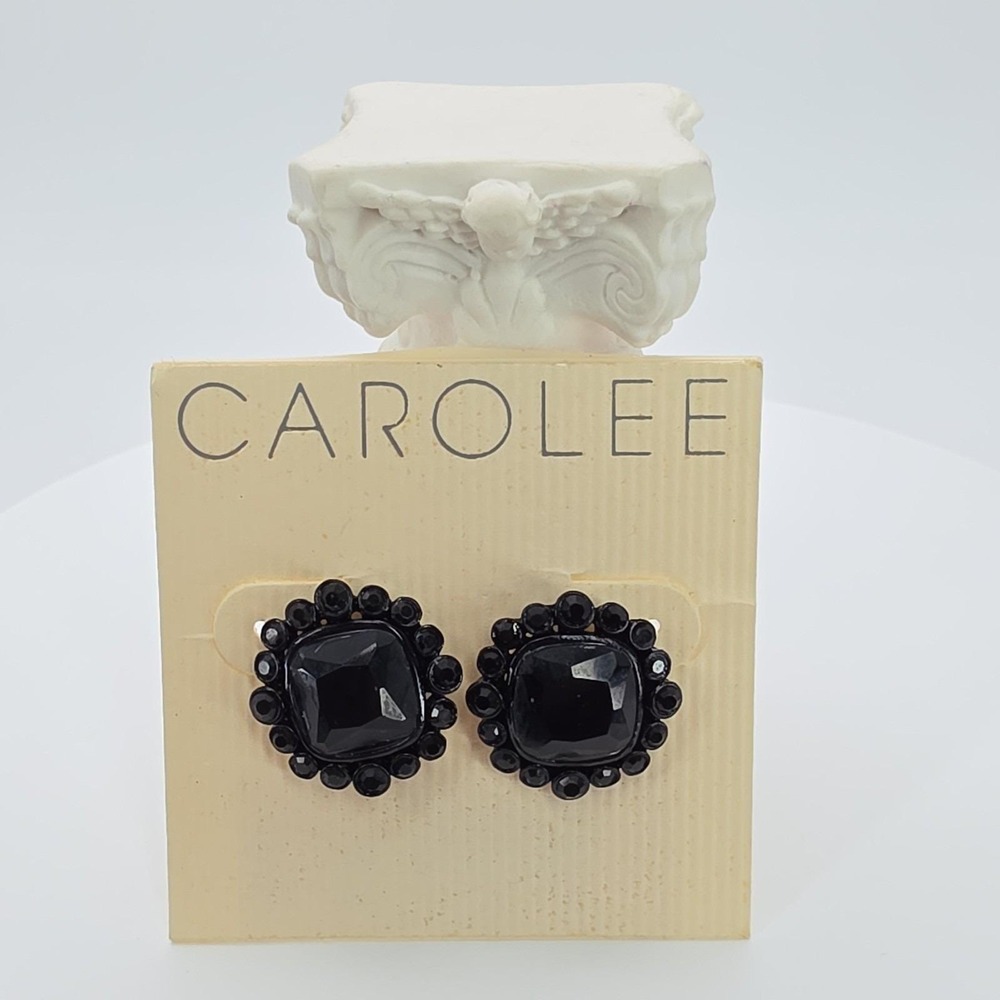 Vtg CAROLEE Signed Black Hematite Earrings Halo-Set Black Crystals FREE $HIPPING